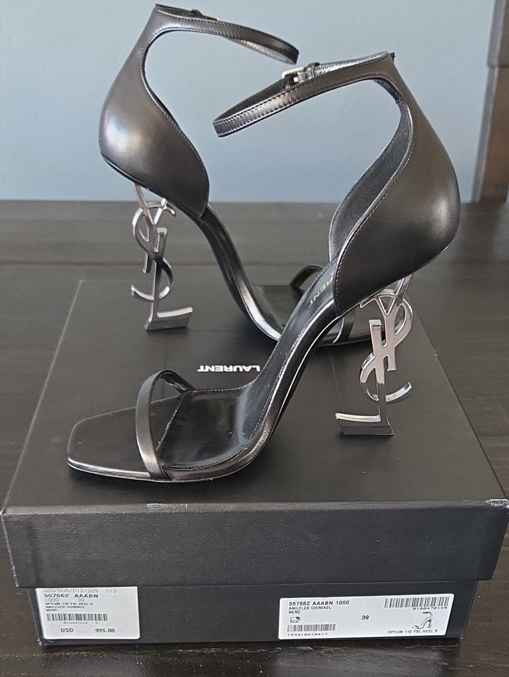 Saint Laurent Black Leather Opyum Logo-Heel Sandals with Silver YSL Heels